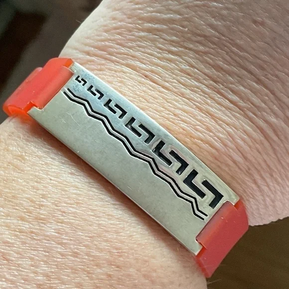 Sterling Silver 925 Greek Design Red Silicon Band Unisex Bracelet